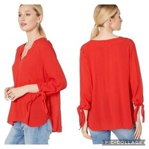 Michael Michael Kors Top Red Tie Sleeve Blouse High Low V-Neck S Lunch Work Chic